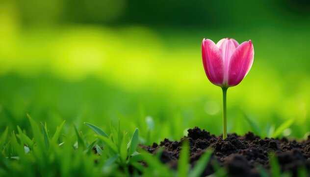 A lone tuberose flower bud pokes through the soil in a verdant grassland, landscape, green, stem