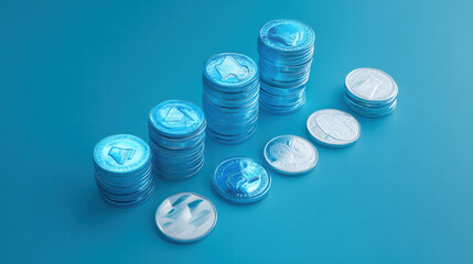 Visual concept of blue and silver coins stacked in various heights, representing financial growth and investment. arrangement suggests positive trend in monetary value