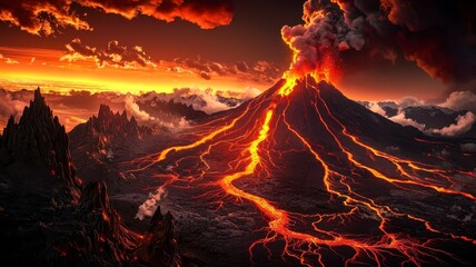 Volcanic eruption tectonic concept. A breathtaking volcanic eruption with flowing lava and dramatic clouds against a fiery sunset backdrop.