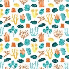 A seamless pattern featuring colorful corals on white background. Hand drawn