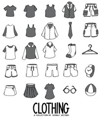 Clothing Related Doodle vector icon set. Drawing sketch illustration hand drawn line eps10