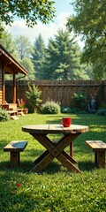 Wooden table in the yard with a red cup on it, serene, yard