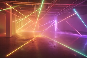 An empty misty room filled with colorful laser beams from different light sources shoot out, intersecting and forming intricate geometric shapes
