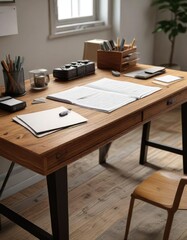 Wooden desk with plenty of room for papers and notes , wooden furniture, desk accessories, document storage, paperwork holder