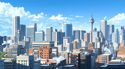 Obraz premium A Sunny Day Cityscape With Tower And Skyscrapers