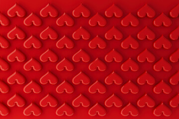 Sweet red hearts background for Valentine's day of turned over bright glossy hearts on red background as pattern. Love background. 3D illustration for advertising, design, poster, card, flyer.