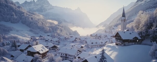 Winter village nestled in snowy alpine mountain landscape.