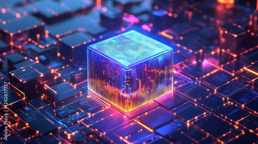 Poster luminous cube on a futuristic circuit board