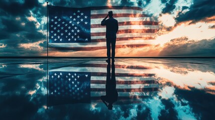 Silhouette Saluting American Flag at Sunset