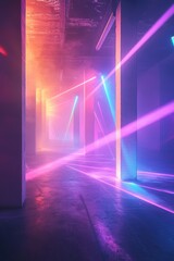 An empty misty room filled with colorful laser beams from different light sources shoot out, intersecting and forming intricate geometric shapes