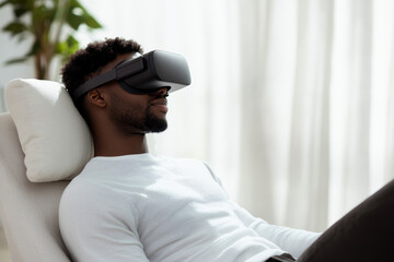 Obraz premium Young Man in Virtual Reality Headset Relaxing in Modern Interior with Natural Elements, Exploring VR Technology and Meditation in Minimalist Environment
