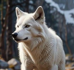 Naklejka premium White wolf in alert position with ears perked up, keen sense, attentive