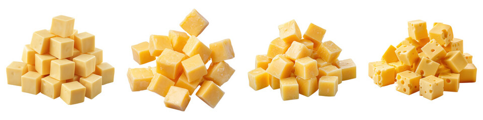 Cheese cubes isolated on transparent background, PNG, Set of