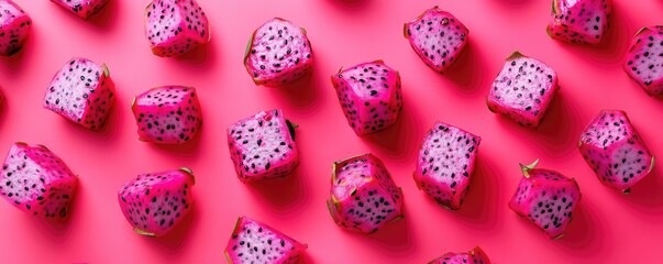 Cut dragon fruit on bright pink background