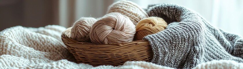 Obraz premium A cozy setting featuring three soft yarns in a woven basket, surrounded by a textured blanket, perfect for knitting or crocheting enthusiasts.