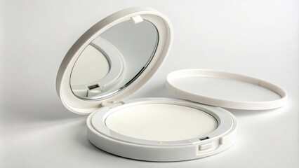White Powder Cosmetic Compact Mirror, self-checking, makeup routine, natural light