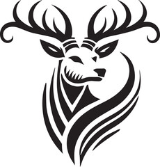 Bold Black and White Tribal-Style Majestic Deer with Intricate Antlers Vector

