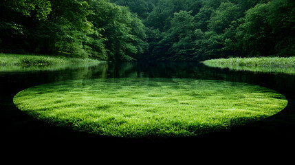 Serene forest lake, grass circle, calm reflection, nature background, ideal for eco-related projects