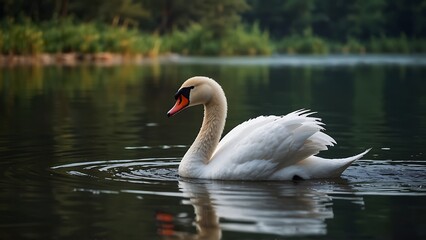 Serene White Swan Gliding on Calm Lake Waters