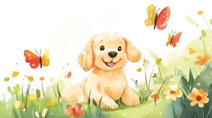 A cheerful golden retriever puppy plays in a vibrant flower field surrounded by colorful butterflies, representing joy and innocence in nature.