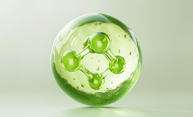 green water liquid bubble, drops, transparent sphere ball, moisture serum, molecules cells, water splash,3d render,Cosmetic and luxury product