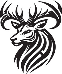 Bold Black and White Tribal-Style Majestic Deer with Intricate Antlers Vector

