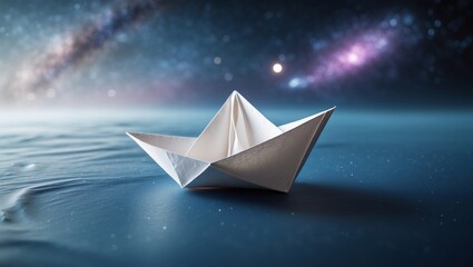 Obraz premium Small paper boat floating on surreal water under a starry sky at night