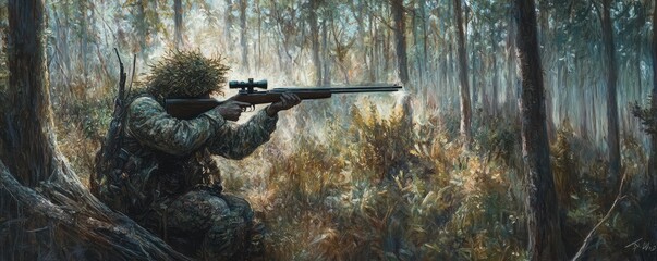 Sniper in forest crouching, aiming rifle attentively