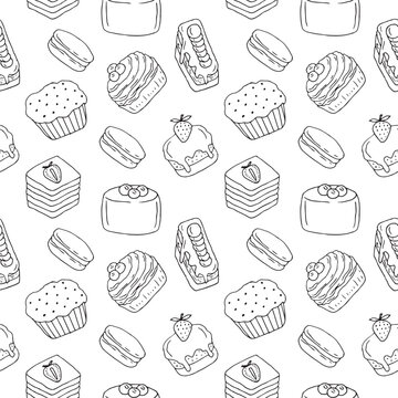 Cakes seamless pattern doodles, vector illustration hand drawing