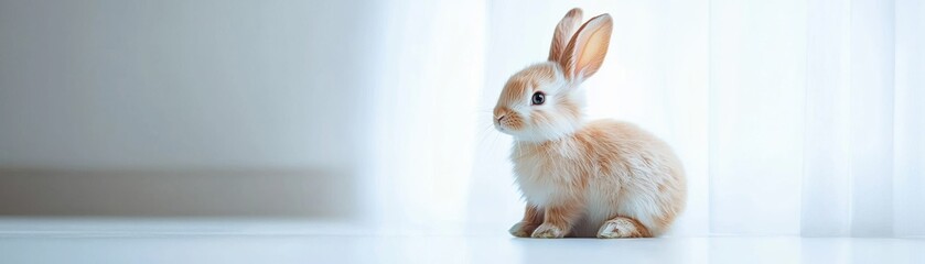 Obraz premium A cute, fluffy rabbit sits gracefully by a window, bathed in soft natural light. Its gentle demeanor brings warmth and joy to any setting.