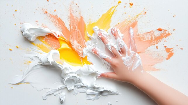 Hand creating a textured pattern with white and yellow paints on a flat white surface. tactile sensory art for creative exploration