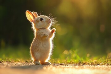 Obraz premium A cute rabbit stands on its hind legs in a soft, golden light, showcasing its fluffy fur and playful demeanor against a blurred green backdrop.