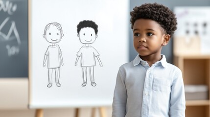 Young boy standing in front of a whiteboard with childlike drawings of children. early education and creative learning concept