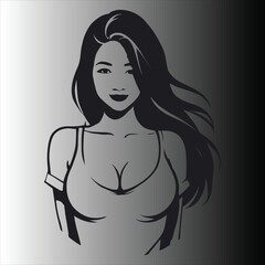 a close up of a woman with long hair wearing a bra on a gray background