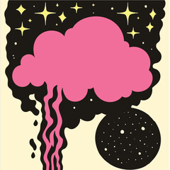 Psychedelic sky, warped melting pink cloud, stars planet dark sky, vector, simple style, minimalist, modern, retro, cute shapes, pink yellow beige black rounded