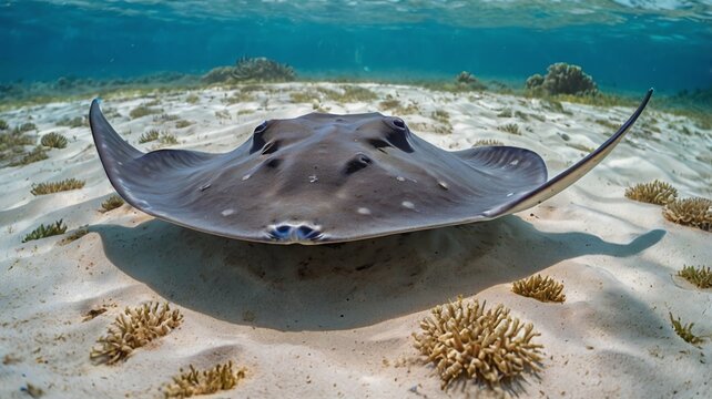 Stingray underwater on sandy sea bottom. Sting ray fish in tropical sea