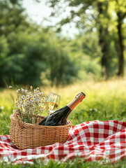 bottle of sparkling wine in exquisite wicker basket with flowers and glass on red checkered picnic blanket in sunny park