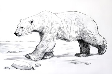 Ink drawing of a polar bear walking across the melting Arctic ice, highlighting the impact of climate change on wildlife