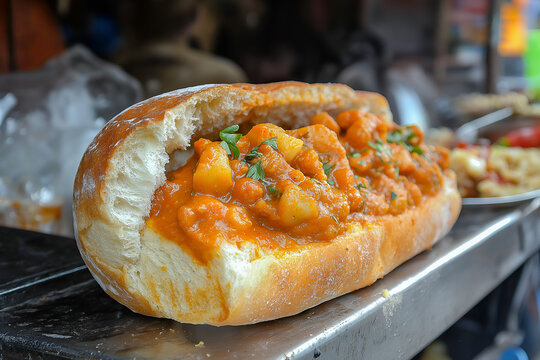 South african buny chow a hollowed mutton curry served inside a hollow bread bun.