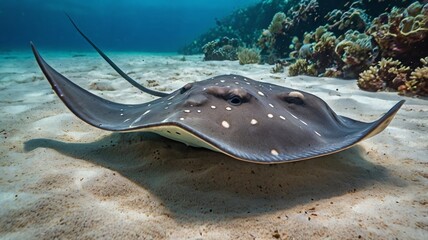 Stingray underwater on sandy sea bottom. Sting ray fish in tropical sea