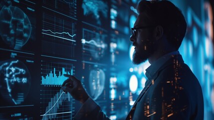 Businessman analyzing financial data and illustrating a growth graph on a futuristic digital interface. 