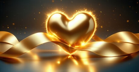 Golden heart glowing with radiant light, wrapped in a shimmering silky ribbon. Sparkling particles surround the heart, creating an elegant and magical atmosphere of warmth and luxury