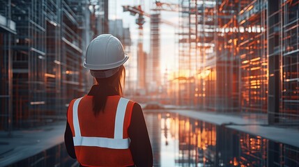 Construction site worker, Woman in safety vest and helmet watching construction, concept building architecture, civil engineering, safety regulations