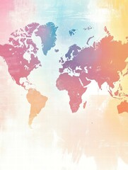 Obraz premium Vibrant world map illustration featuring soft colors and artistic design for educational or decorative use. Generative AI