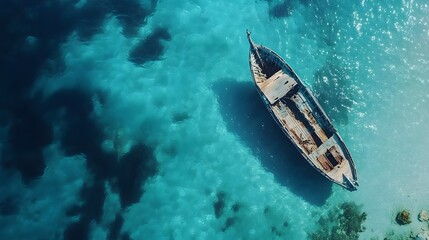 Serene boat floating on crystal-clear turquoise waters, vibrant underwater scenery visible, ideal for travel inspiration and relaxation.