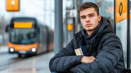 Young man waiting at a tram station with books in hand. Concept of daily commute, education, and urban lifestyle.