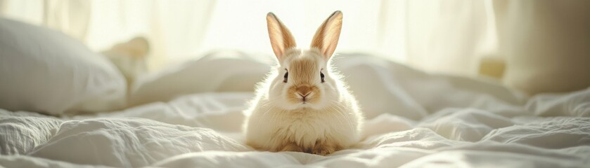 Obraz premium A fluffy rabbit sits comfortably on a cozy bed, surrounded by soft pillows and warm sunlight, creating a serene and adorable atmosphere.