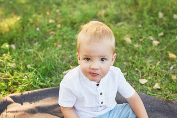 Child boy with apples in park on picnic. Autumn family walk in forest. Happy baby boy in autumn park. Family and mother's day. Children Protection Day.