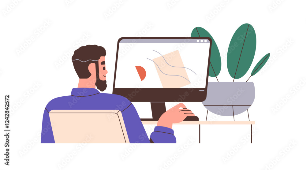 Poster designer working on computer at desk. digital artist drawing, designing, sitting at table, workplace