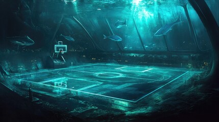 Underwater Basketball Court With Fish Swimming Above